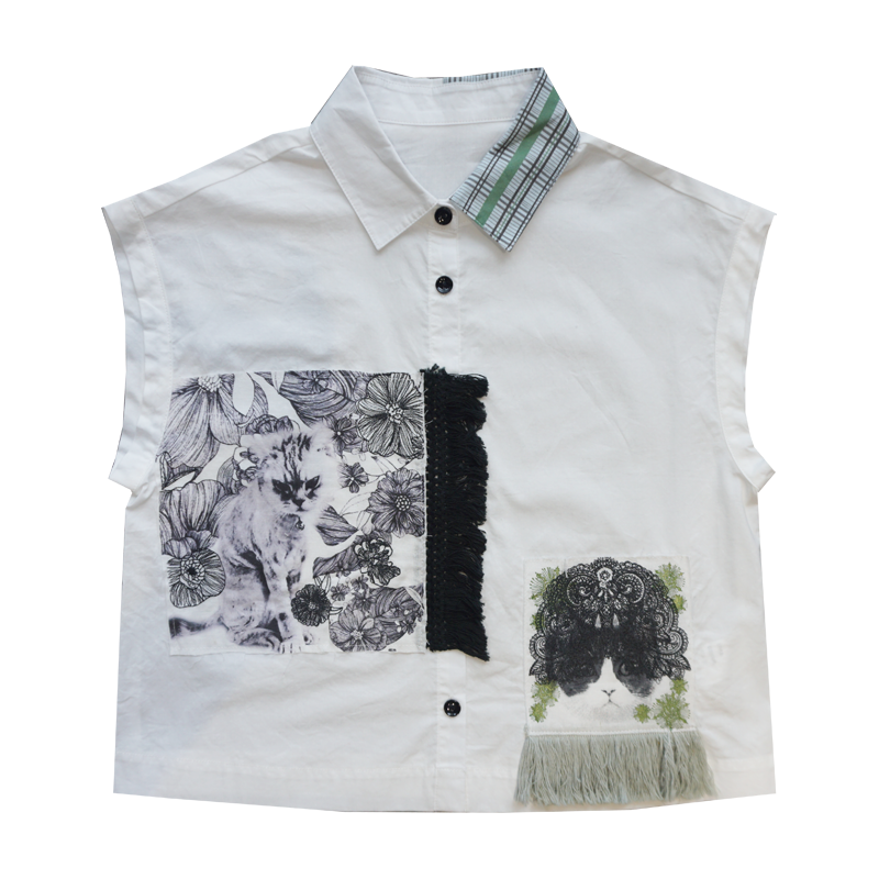 Cat Printing Embroidery White Shirt